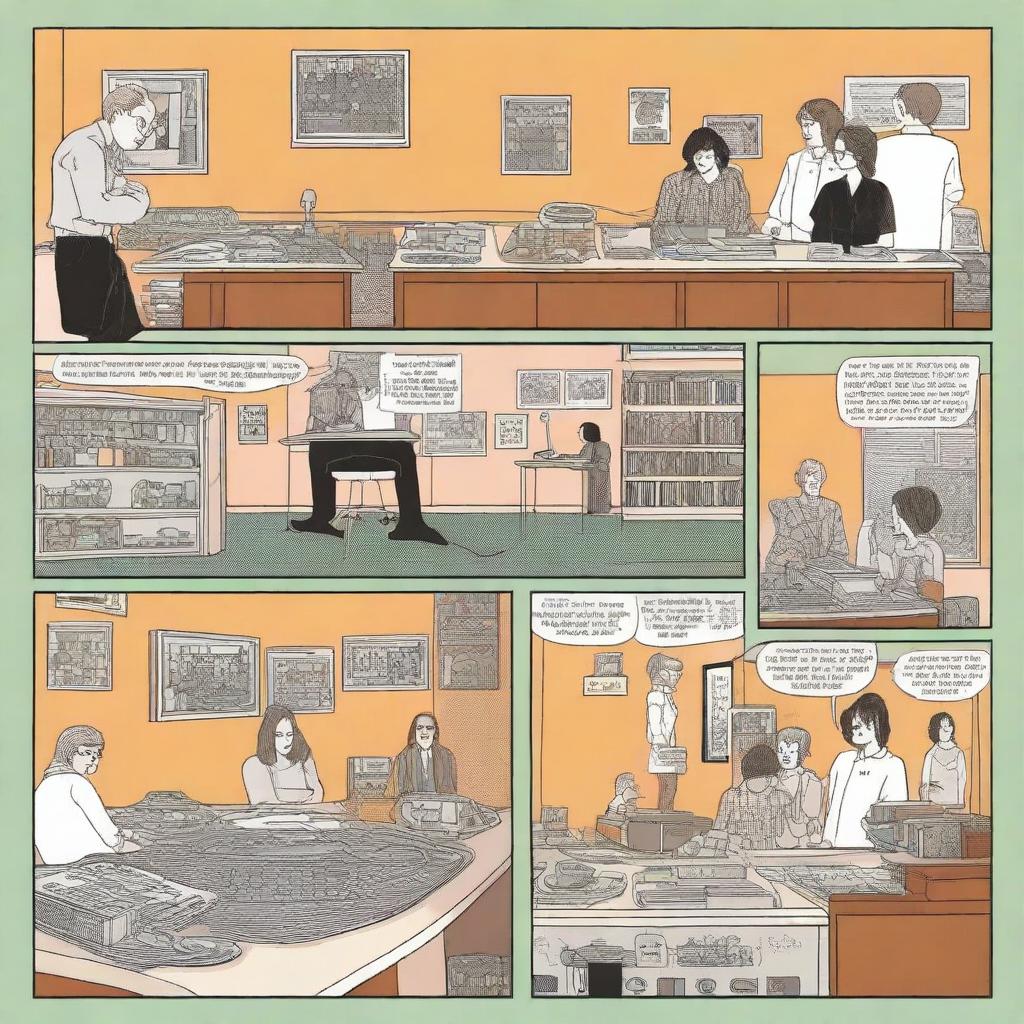 A detailed multi-panel graphic novel page in the style of Daniel Clowes, showcasing a narrative about a spilled coffee incident in an apartment inhabited by three diverse female DJ roommates, with DJ controllers visibly present in the imagery