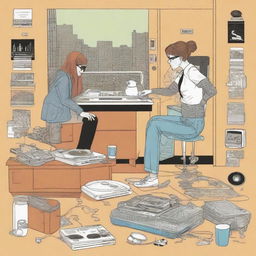 A complex graphic novel page incorporating elements of both Daniel Clowes and Chris Ware's styles, depicting a spilled coffee incident in an apartment with three diverse female DJ roommates