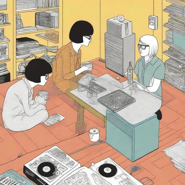 A complex graphic novel page incorporating elements of both Daniel Clowes and Chris Ware's styles, depicting a spilled coffee incident in an apartment with three diverse female DJ roommates