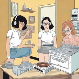 A complex graphic novel page incorporating elements of both Daniel Clowes and Chris Ware's styles, depicting a spilled coffee incident in an apartment with three diverse female DJ roommates