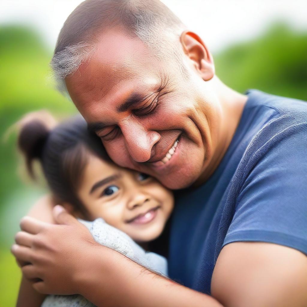 A loving father warmly hugging his young daughter, both radiating happiness and affection