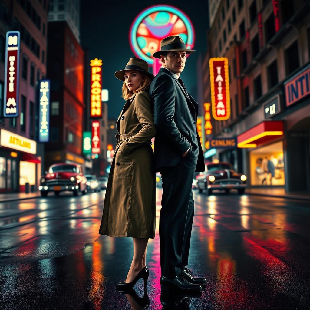 A striking full-body view of a 1940s detective pair, standing back-to-back in a vibrant city street at night, surrounded by glowing neon signs and reflections on wet pavement