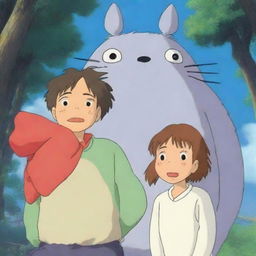 Three distinct characters from Studio Ghibli, humorously entangled in an unexpected situational goof-up.