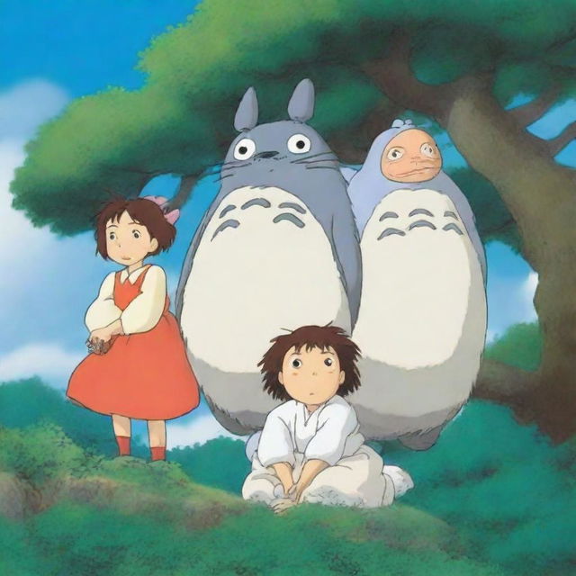 Three distinct characters from Studio Ghibli, humorously entangled in an unexpected situational goof-up.