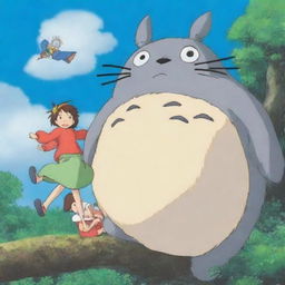 Three distinct characters from Studio Ghibli, humorously entangled in an unexpected situational goof-up.