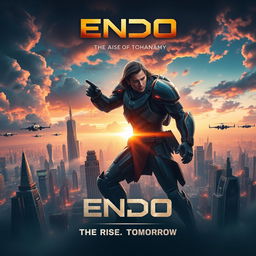 An epic movie poster featuring a futuristic and adventurous theme centered around a character named Эндо