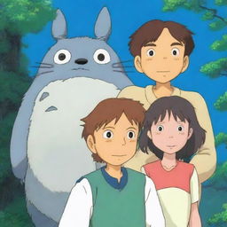 Three distinct characters from Studio Ghibli, humorously entangled in an unexpected situational goof-up.