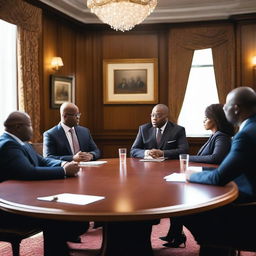 A group of distinguished black executives engaged in a round table discussion in an elegant boardroom setting