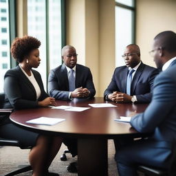 A group of distinguished black executives engaged in a round table discussion in an elegant boardroom setting