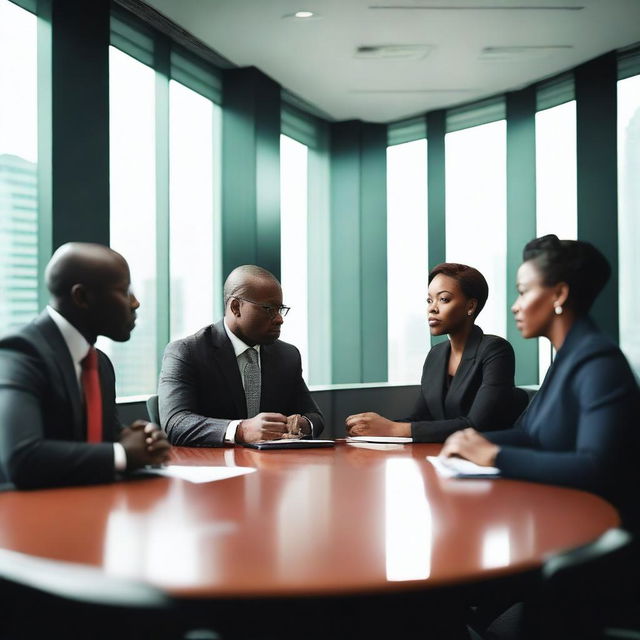 A group of distinguished black executives engaged in a round table discussion in an elegant boardroom setting