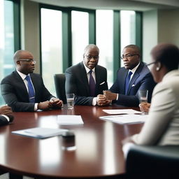 A group of distinguished black executives engaged in a round table discussion in an elegant boardroom setting