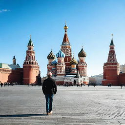 A solitary man strolling across the vibrant Red Square in Moscow, under a bright blue sky with the historic Kremlin as a backdrop