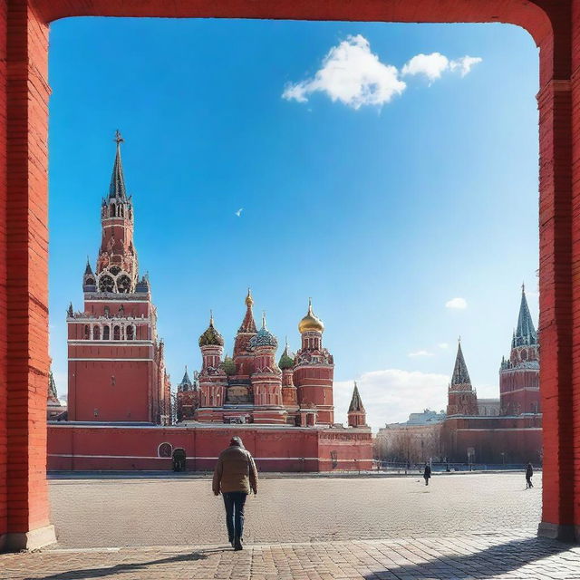 A solitary man strolling across the vibrant Red Square in Moscow, under a bright blue sky with the historic Kremlin as a backdrop