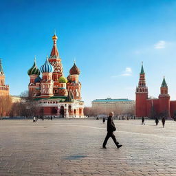 A solitary man strolling across the vibrant Red Square in Moscow, under a bright blue sky with the historic Kremlin as a backdrop