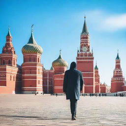 A solitary man strolling across the vibrant Red Square in Moscow, under a bright blue sky with the historic Kremlin as a backdrop