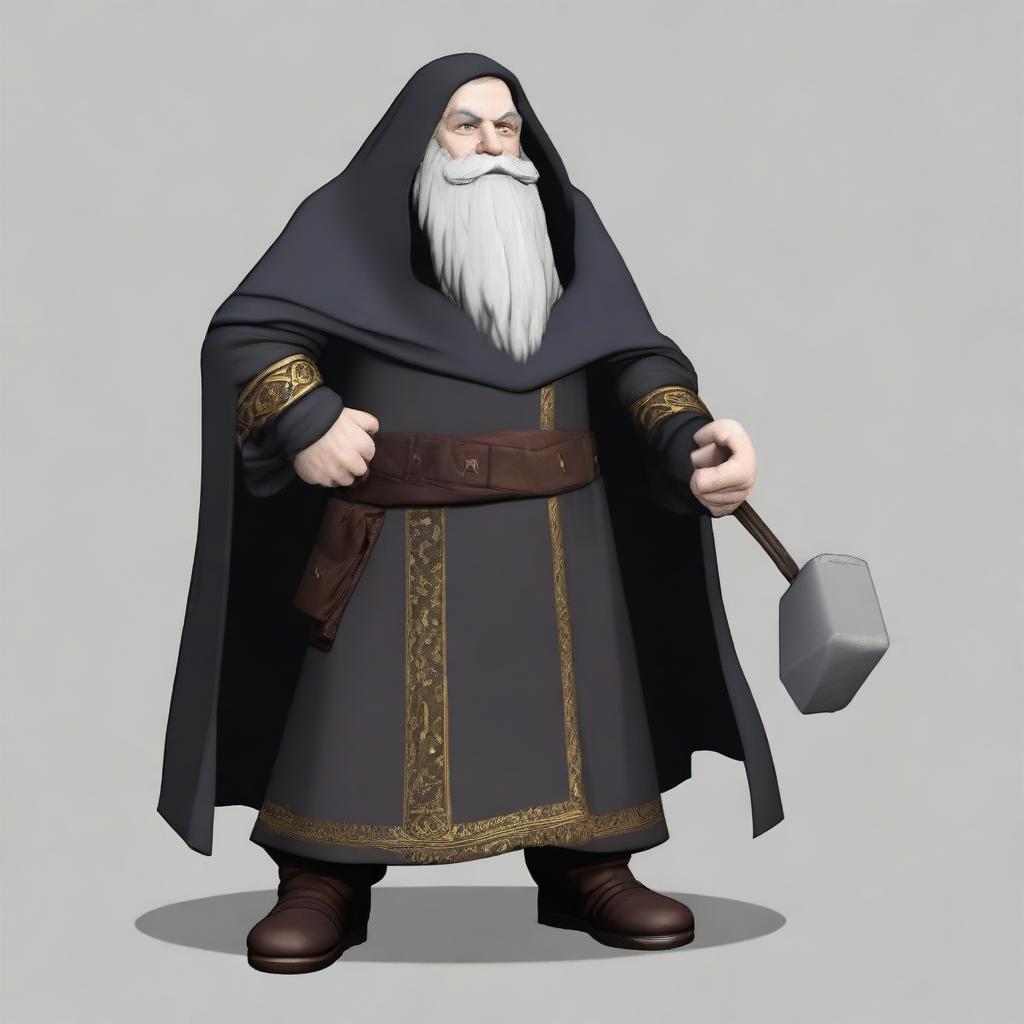 Generate an image of a bearded dwarf cleric. He's dressed in a black robe and his face is concealed by a dense, black beard.