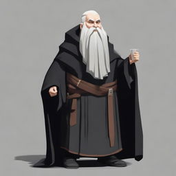 Generate an image of a bearded dwarf cleric. He's dressed in a black robe and his face is concealed by a dense, black beard.