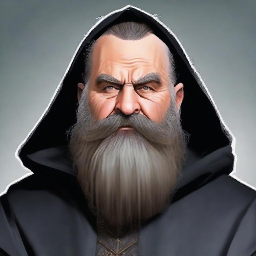 Modify the digital image to a portrait of the serious-looking black bearded dwarf cleric in his black robe.