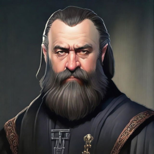 Modify the digital image to a portrait of the serious-looking black bearded dwarf cleric in his black robe.