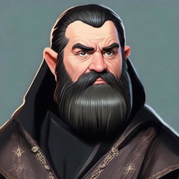 Modify the digital image to a portrait of the serious-looking black bearded dwarf cleric in his black robe.