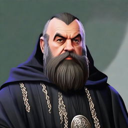 Modify the digital image to a portrait of the serious-looking black bearded dwarf cleric in his black robe.