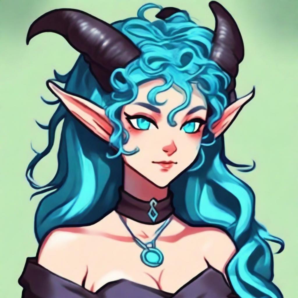 Generate a portrait of an adorable female tiefling with blue skin and curly cyan hair.