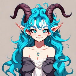 Generate a portrait of an adorable female tiefling with blue skin and curly cyan hair.