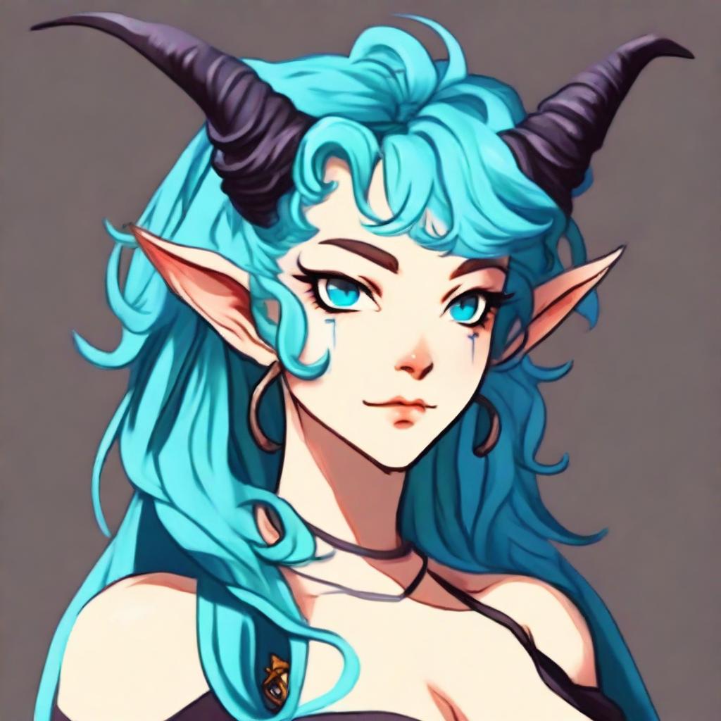 Generate a portrait of an adorable female tiefling with blue skin and curly cyan hair.