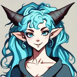 Generate a portrait of an adorable female tiefling with blue skin and curly cyan hair.