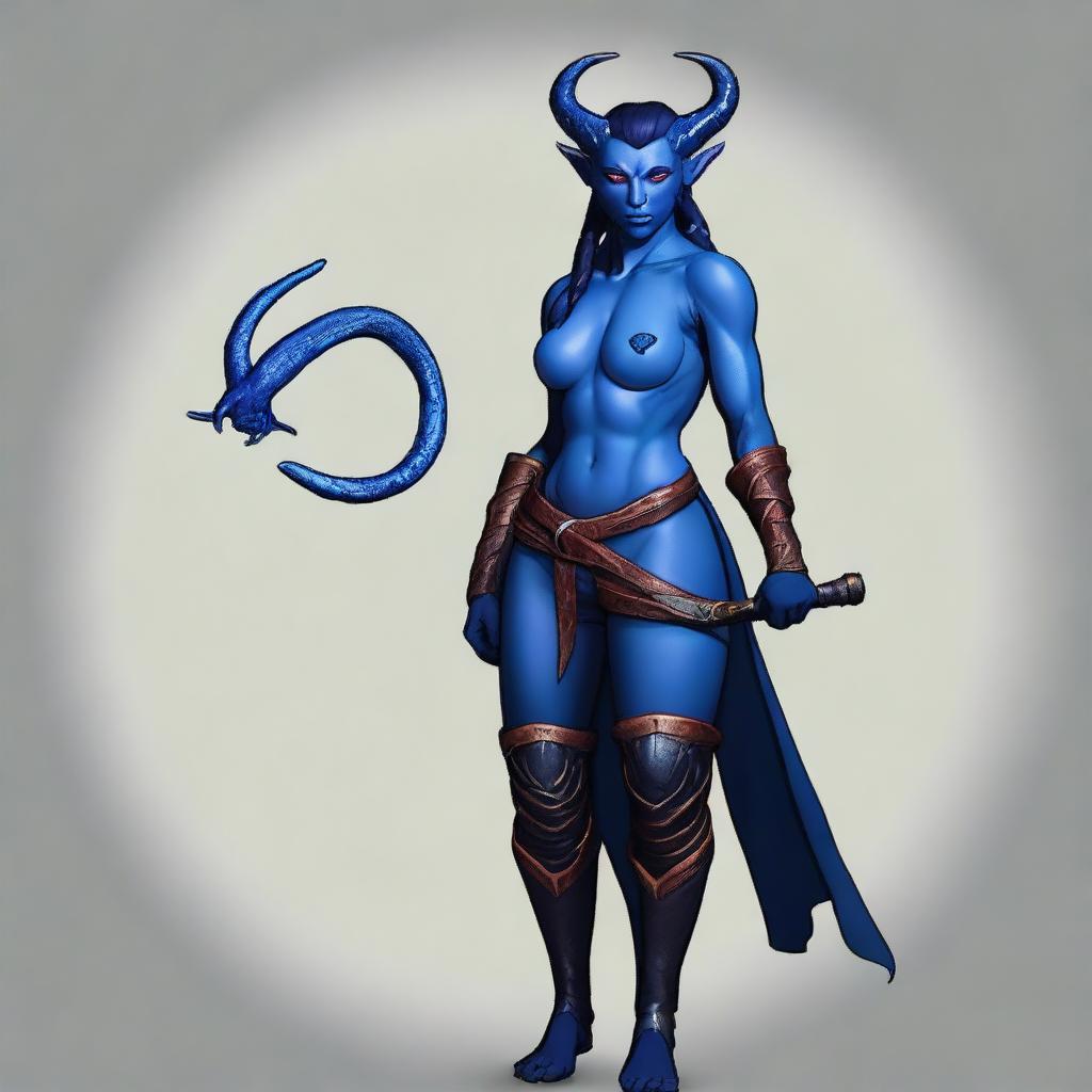 Adjust the digital image to change the skin color of the female tiefling to blue.