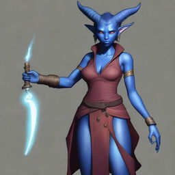 Adjust the digital image to change the skin color of the female tiefling to blue.