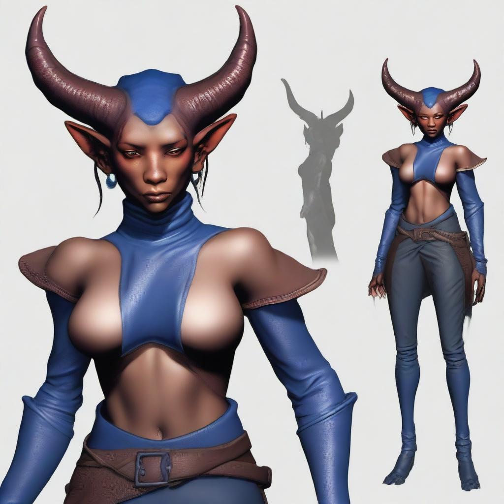 Adjust the digital image to change the skin color of the female tiefling to blue.