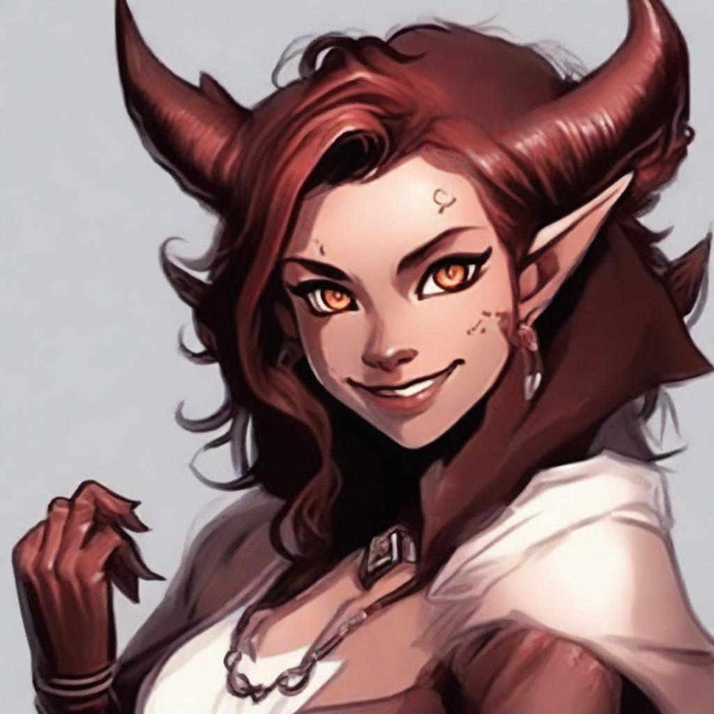 Modify the portrait of the female tiefling to add an extra layer of cuteness - enhance her sparkling eyes and amplify her joyful smile