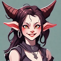 Modify the portrait of the female tiefling to add an extra layer of cuteness - enhance her sparkling eyes and amplify her joyful smile