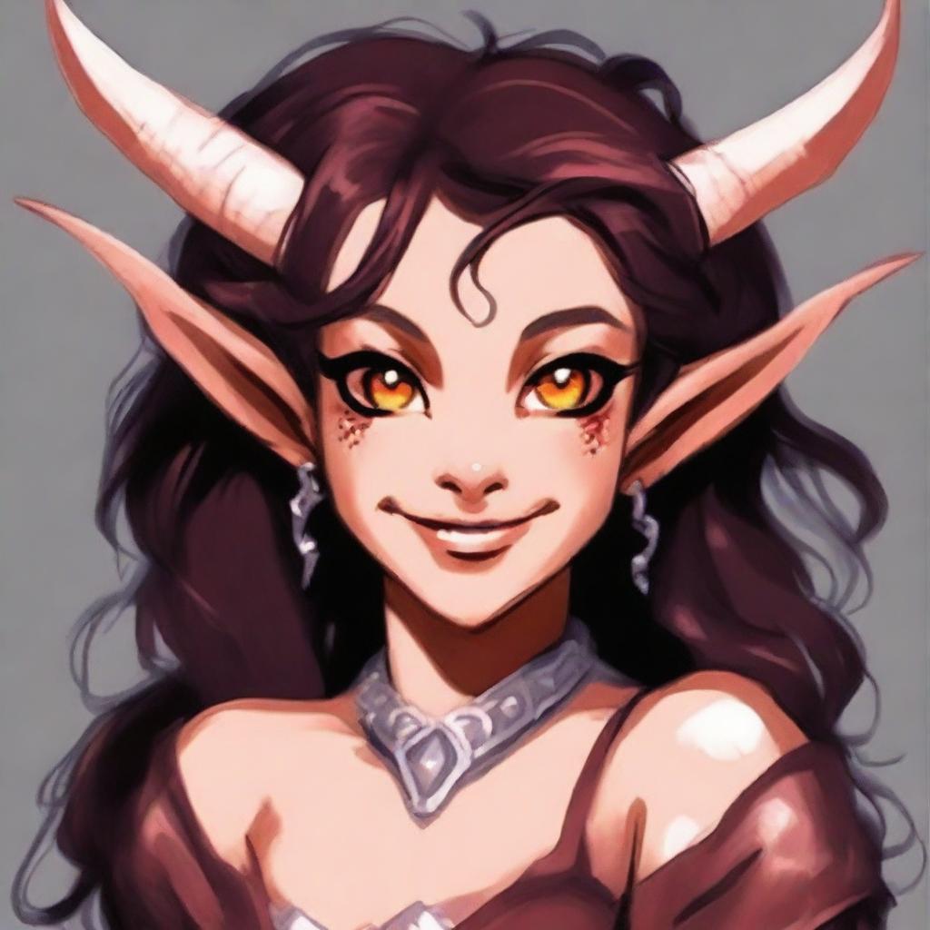 Modify the portrait of the female tiefling to add an extra layer of cuteness - enhance her sparkling eyes and amplify her joyful smile