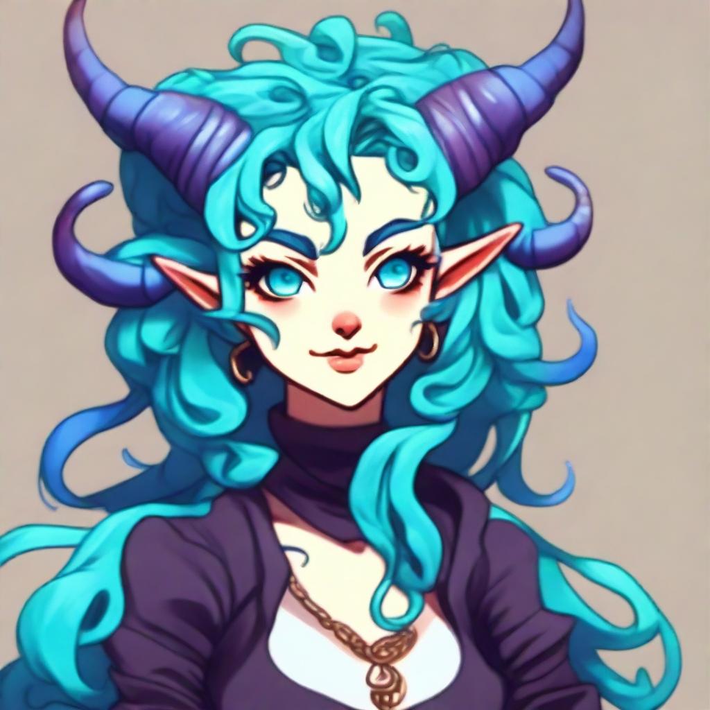 Create a charming portrait of a female tiefling with vibrant blue skin and curly cyan hair