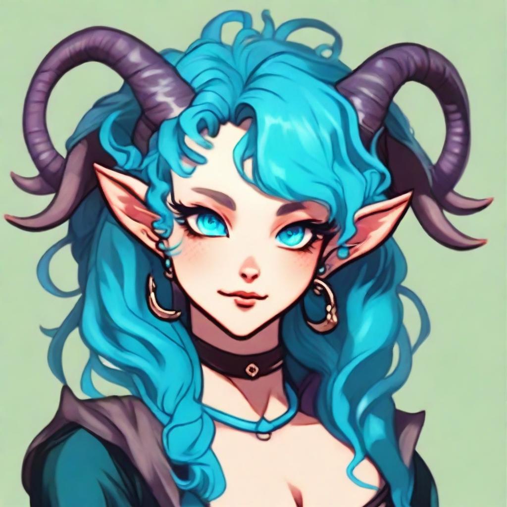 Create a charming portrait of a female tiefling with vibrant blue skin and curly cyan hair