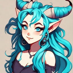 Create a charming portrait of a female tiefling with vibrant blue skin and curly cyan hair