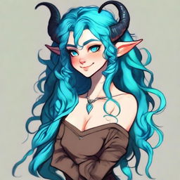 Create a charming portrait of a female tiefling with vibrant blue skin and curly cyan hair