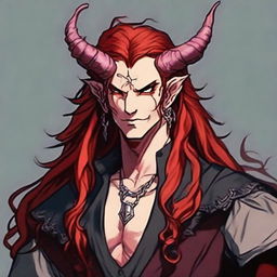 Generate an image of a handsome Tiefling King with flowing long red hair. He carries an aura of authority and charm.