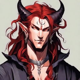 Generate an image of a handsome Tiefling King with flowing long red hair. He carries an aura of authority and charm.