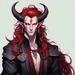 Generate an image of a handsome Tiefling King with flowing long red hair. He carries an aura of authority and charm.