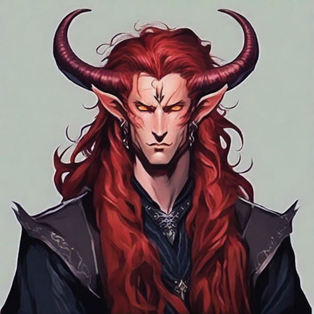 Generate an image of a handsome Tiefling King with flowing long red hair. He carries an aura of authority and charm.