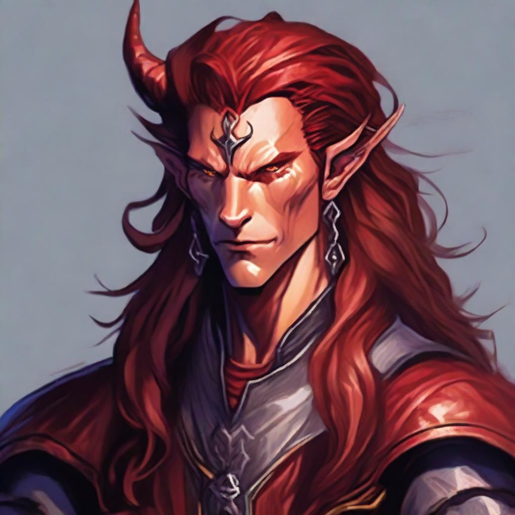 Generate an image of a strikingly handsome Tiefling King from Dungeons & Dragons, with impressive long, flowing red hair.