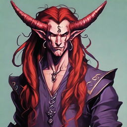 Generate an image of a strikingly handsome Tiefling King from Dungeons & Dragons, with impressive long, flowing red hair.