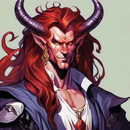 Generate an image of a strikingly handsome Tiefling King from Dungeons & Dragons, with impressive long, flowing red hair.