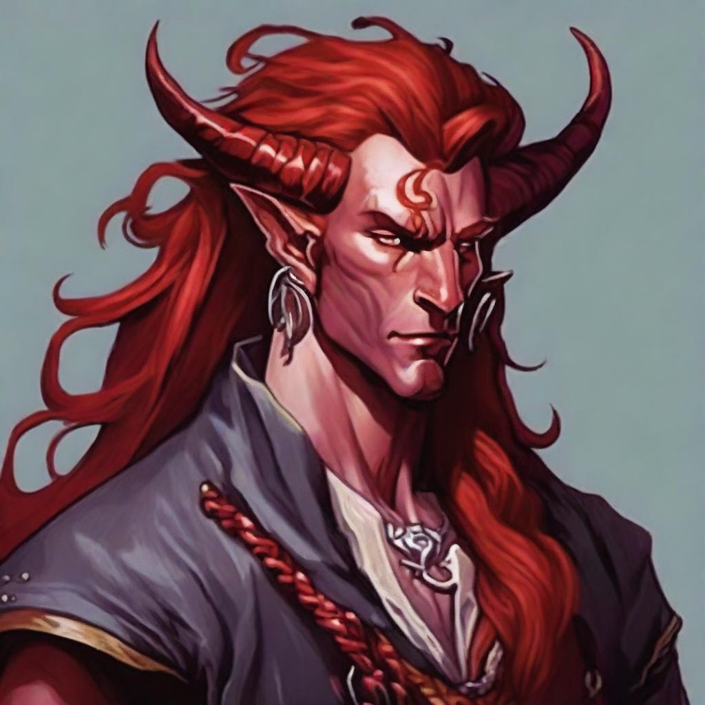 Generate an image of a strikingly handsome Tiefling King from Dungeons & Dragons, with impressive long, flowing red hair.