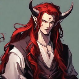 Generate an image of a handsome non-evil Tiefling King. He has long, flowing red hair and a confident, charismatic demeanor.