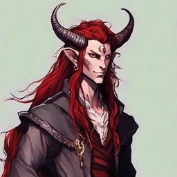 Generate an image of a handsome non-evil Tiefling King. He has long, flowing red hair and a confident, charismatic demeanor.