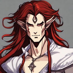 Generate an image of a handsome non-evil Tiefling King. He has long, flowing red hair and a confident, charismatic demeanor.